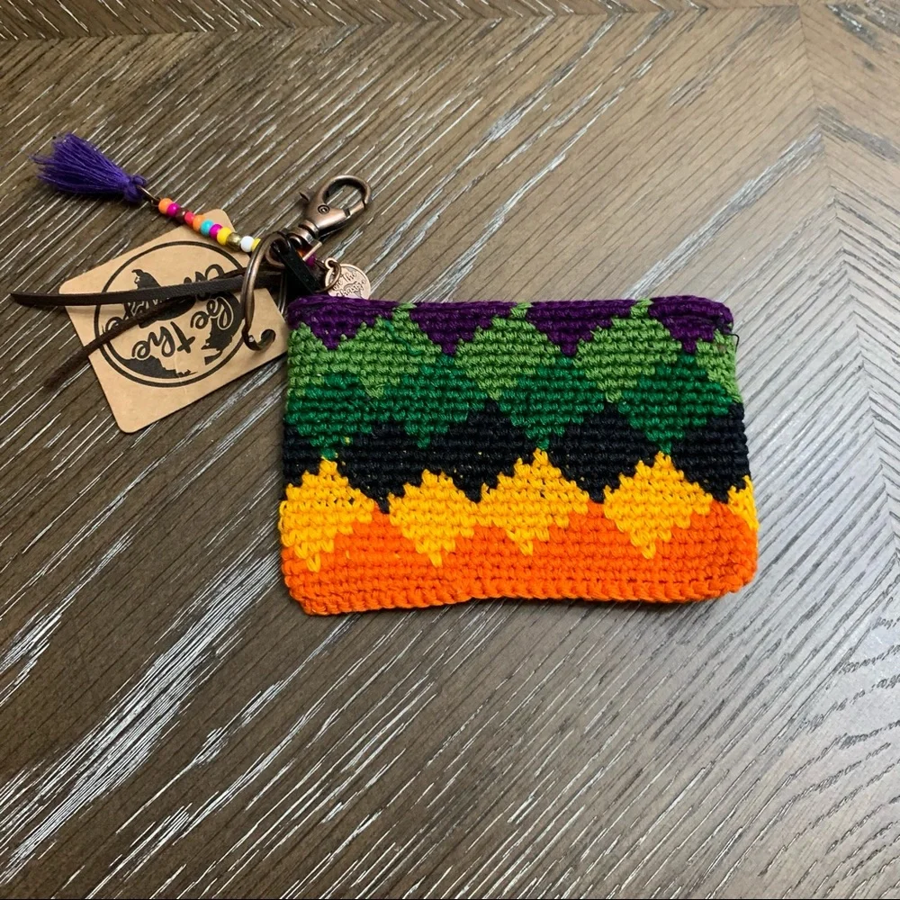 Handmade knitted orange/green wallet/coin bag